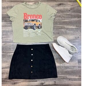 HYFVE Black Faux Suede Mini Skirt y2k Women's Large Button Front A-Line Lined